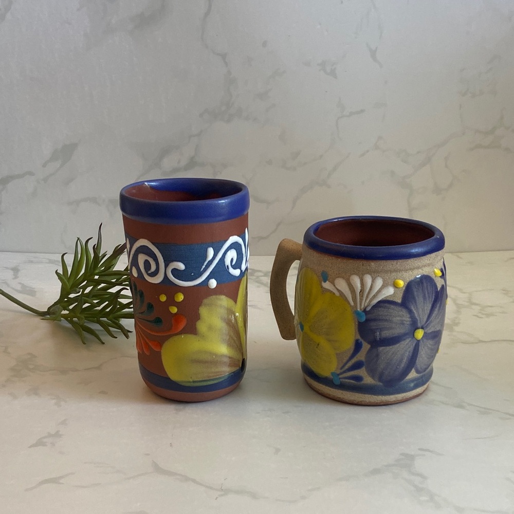 Hand Painted Mexican Pottery Mug & Cup Set Folk Art Terracotta Floral Boho